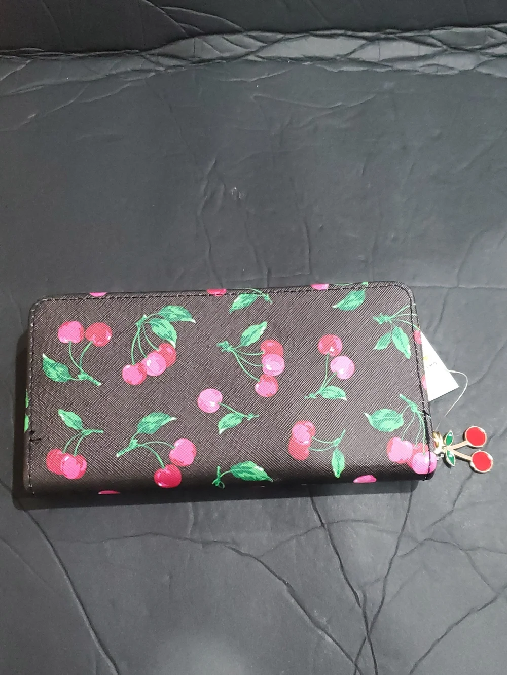 Black and pink cherry printed zip around long wallet with cherry charm brand new